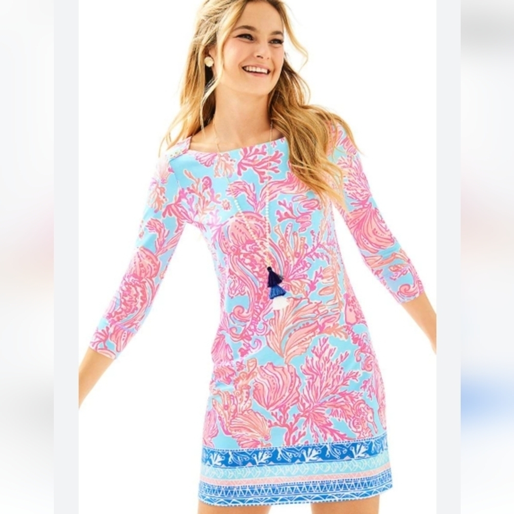 Lilly Pulitzer Sophie Mini Dress In Seasalt Blue Shell We Dance 3/4 Sleeve